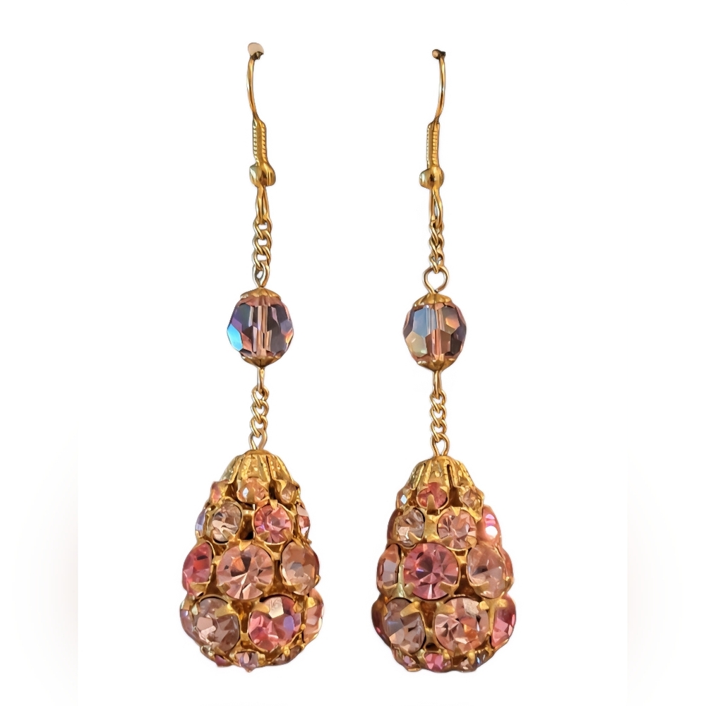 Elegant Crystal Gold and Pink Drop Earrings